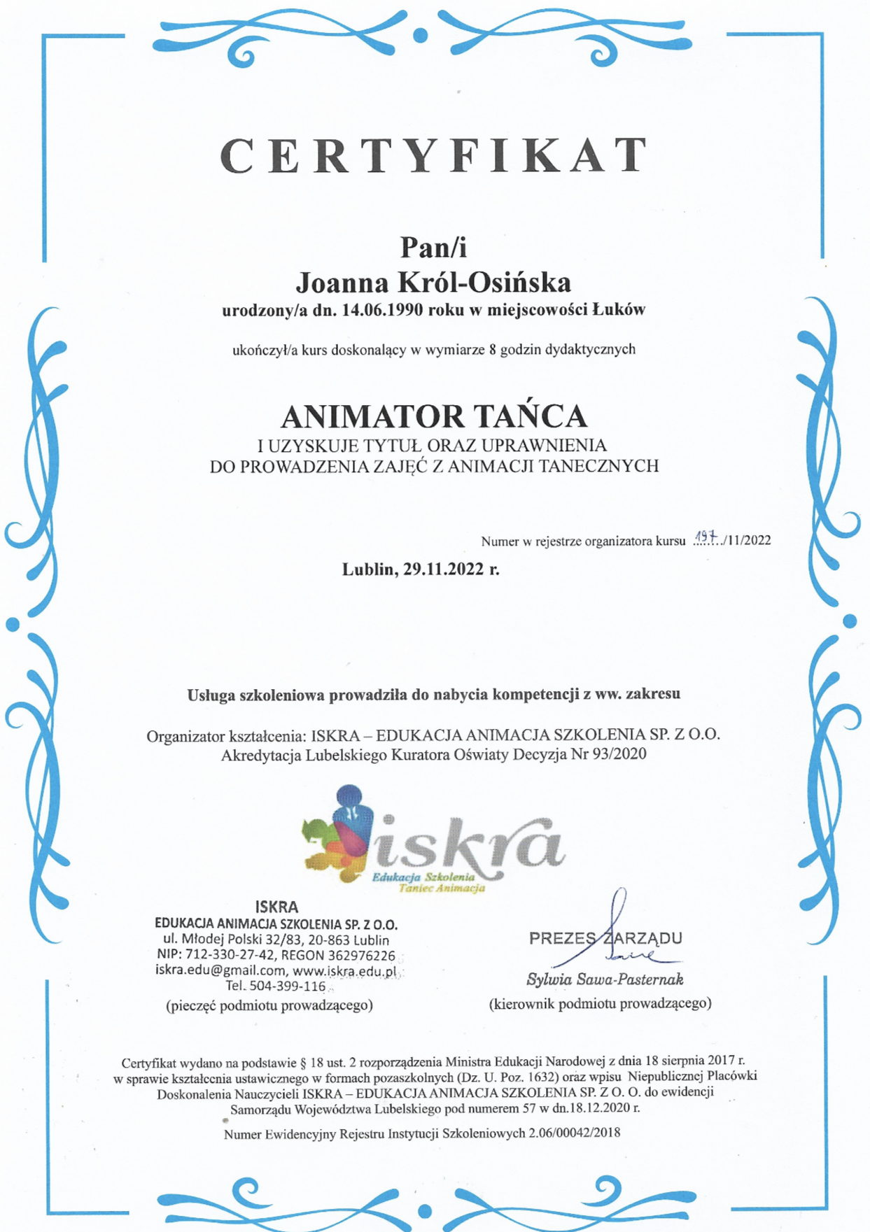 Animator tańca Joanna Król-Osińska Certyfikat