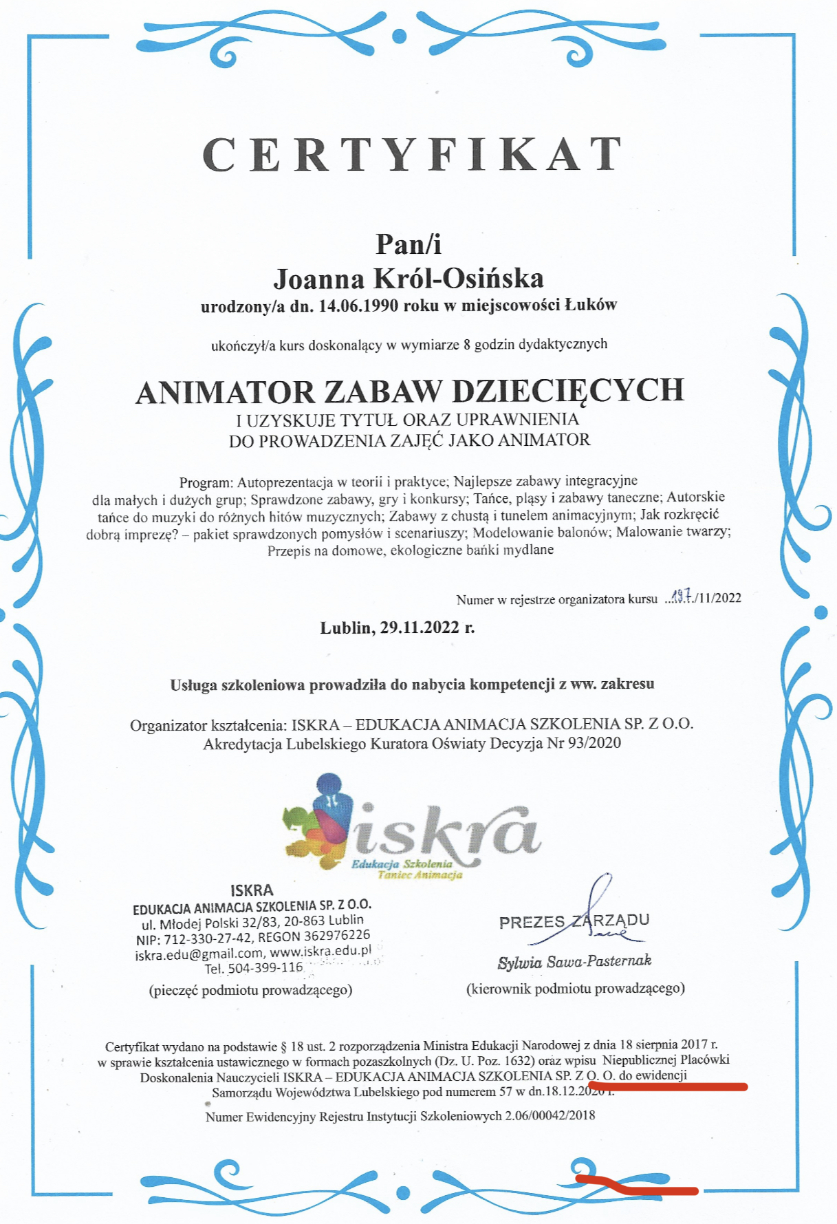 Animator zabaw dziecięcych Joanna Król-Osińska Certyfikat